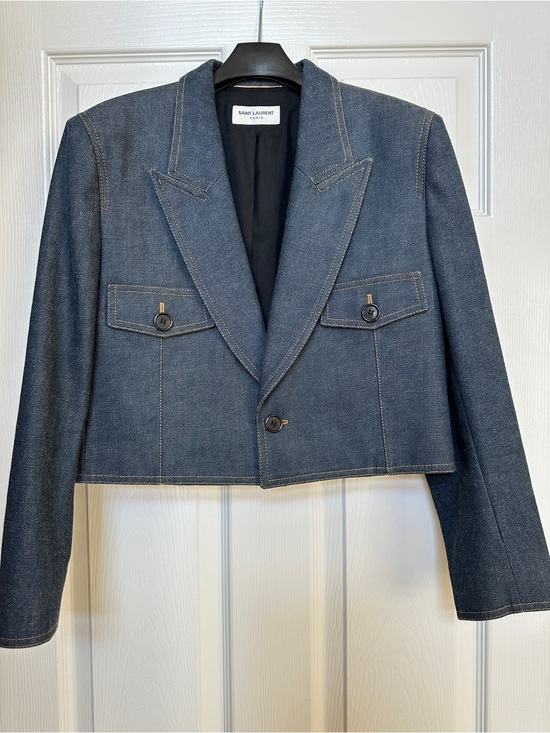 Saint Laurent Jackets & Blazers - Saint Laurent Dark Blue Cropped Denim Blazer